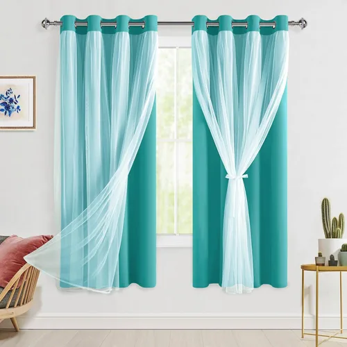 Vista 42 de Hiasan Cortinas opacas con superposición transparente, aislamiento térmico para mezclar y combinar de doble capa, cortinas de oscurecimiento de Beige