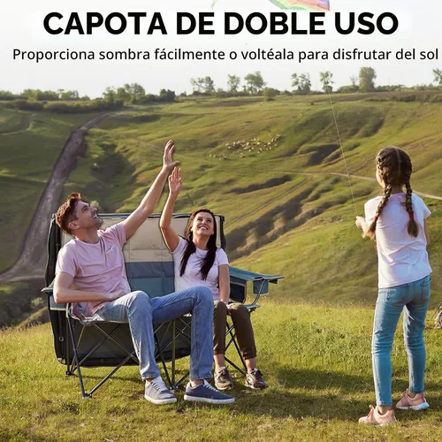 Vista 8 de Silla de camping doble acolchada con dosel, soporte de silla plegable 450 Azul