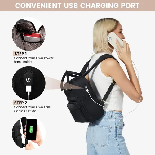 Vista 4 de LOVEVOOK Mini mochila para mujeres y niñas, elegante mochila impermeable con puerto USB, bonita mochila para la escuela, viajes, fiestas, Negro