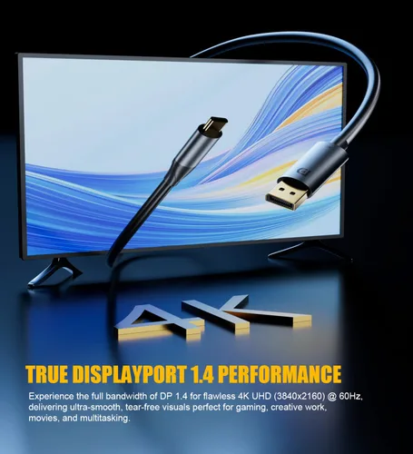Vista 4 de BERLAT Cable USB-C a DisplayPort 1.4 de 6 pies - 4K a 60Hz HDR Compatible con Thunderbolt 5/4/3 Chapado en oro para MacBook Pro/Air, iPhone 16