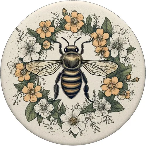 Vista 3 de PopSockets PopGrip estándar con diseño de abeja pastel Boho y flores
