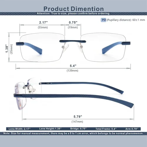 Vista 5 de Missfive Gafas de lectura progresivas multienfoque de aluminio mejoradas, para hombres, lectores multifocales sin montura con bloqueo de luz azul