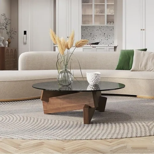 Vista 2 de Mesa auxiliar redonda de vidrio con patas de madera maciza para sala de estar (patas de nogal+vidrio gris)