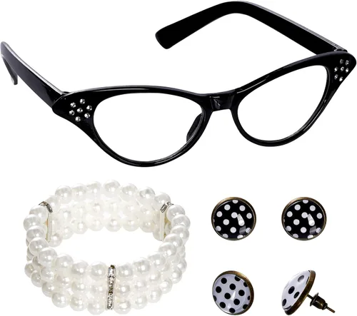 Vista 4 de HOVEOX Juego de accesorios de los años 50 para mujer, accesorios de disfraz de los años 50, bufanda, gafas, diadema para fiesta de los años 50