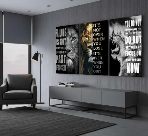Vista 3 de 3 Piezas de Arte de Pared Inspirador para Oficina, Lienzo Moderno con Citas Motivacionales, Imágenes en Blanco y Negro de León, Decoración de Pared
