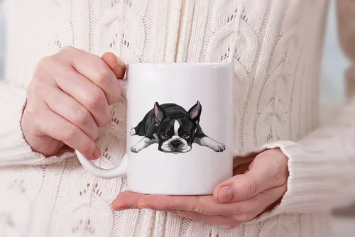 Vista 6 de MUGBREW Boston Terrier - Taza de café de cerámica con diseño de perro acostado y mirando hacia arriba, 11 onzas