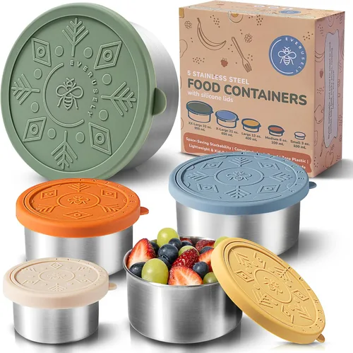 Vista 8 de Recipientes de alimentos de acero inoxidable, cajas de almuerzo de metal, juego de 5, brillantes Everusely lunch containers feature colorful lids