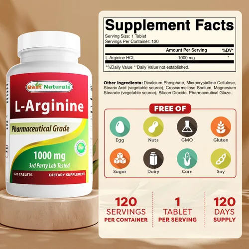 Vista 2 de Best Naturals L-Arginina 1000 mg, 120 Comprimidos - Suplemento de L-Arginina de Grado Farmacéutico Promueve la Síntesis de Óxido Nítrico