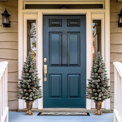 Vista 8 de Decoway Árbol de Navidad de 4 pies preiluminado, mini árboles artificiales con base de maceta dorada, nieve flocada, 70 luces LED blancas cálidas