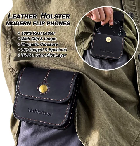 Vista 2 de Funda para teléfono con tapa para Motorola Razr, Samsung Z Flip 5/4/3 Series, funda de cuero negro con clip para cinturón con tarjetero y cierre