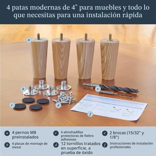 Vista 6 de Airy Abode Patas de madera de fresno prémium para muebles (kit de instalación completa): elige tu tamaño y color Ceniza