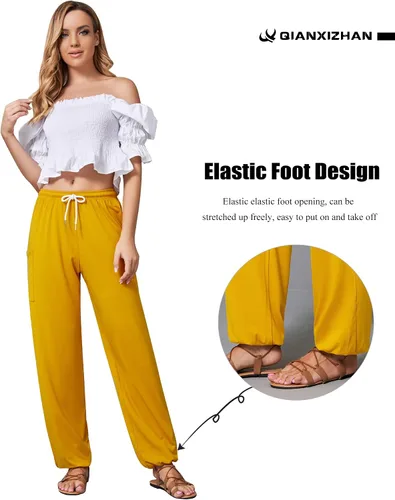 Vista 3 de QIANXIZHAN Pantalones de harén para mujer, pantalones hippie palazzo, pantalones bohemios, ropa de yoga con bolsillos
