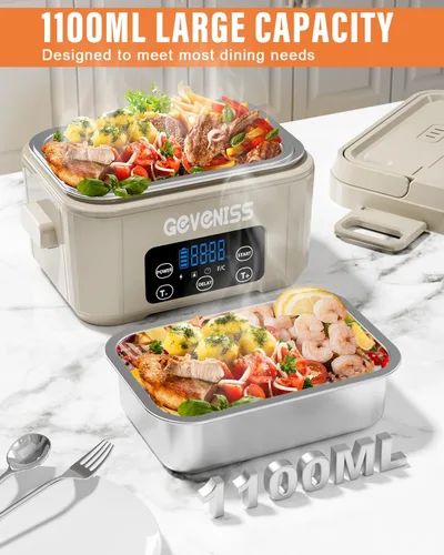 Vista 4 de Geveniss Lonchera Eléctrica Inalámbrica para Adultos – Caja de Almuerzo Calentada con Contenedor de Acero Inoxidable de 1100ML, Calentador