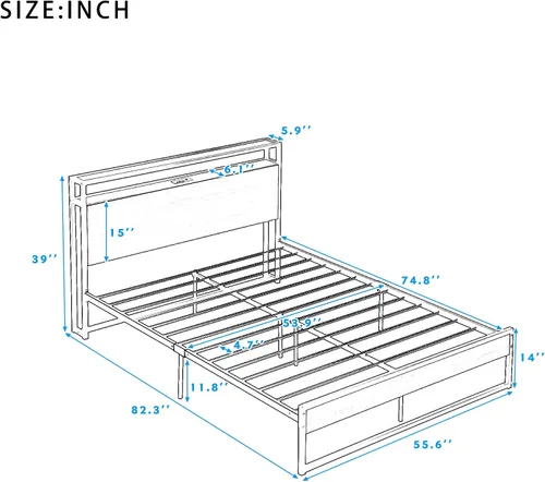 Vista 2 de VilroCaz Cama de plataforma de tamaño matrimonial con enchufes y puertos USB, marco de cama de plataforma de metal moderno con cajones, soporte