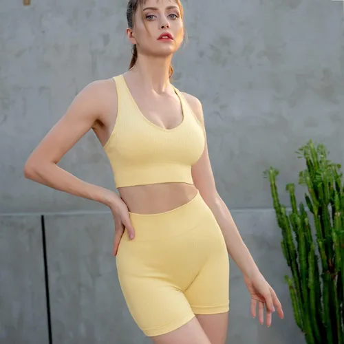 Vista 4 de SOCANA Conjuntos de entrenamiento para mujer, 2 piezas, ropa de gimnasio, yoga, camiseta sin mangas, acanalada, sin costuras, cintura alta