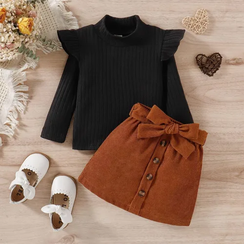 Vista 3 de TBUIALL Conjunto de dos piezas para niñas pequeñas, con volantes, manga larga, acanalado, cuello alto, camiseta de cuello alto, camiseta para bebé