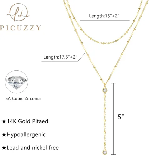 Vista 4 de Lariat Collar de oro para mujer, delicado collar largo chapado en oro de 14 quilatesplata para mujer, collar en forma de Y en capas de moda