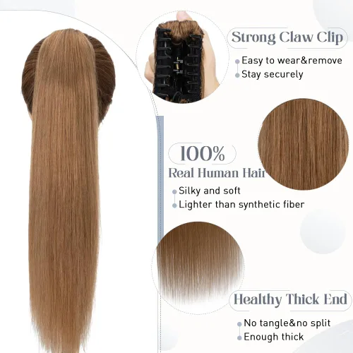 Vista 83 de Rich Choices Extensión de cola de caballo con clip de garra, cabello humano real, una pieza, extensiones de cabello largo Remy para mujer, #18P613