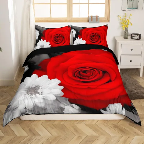 Vista 12 de Juego de funda de edredón de rosa roja, tamaño matrimonial, juego de ropa de cama floral color rojo degradado y negro para niñas, mujeres, niños