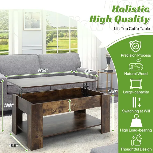 Vista 6 de Mesa de centro elevable con almacenamiento oculto, diseño moderno de elevación de 39.4 pulgadas, escritorio convertible de comedor y portátil