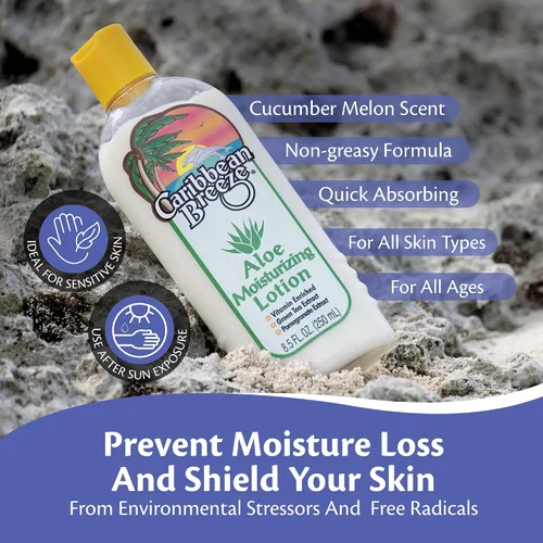 Vista 5 de Caribbean Breeze Loción hidratante de aloe, loción de aloe vera para el cuerpo, loción de aloe enriquecida con vitaminas con té verde y granada, 8.5