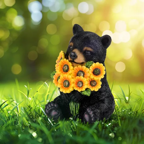 Vista 6 de Luces solares de jardín para exteriores, estatuas de oso negro con girasoles, decoración de escultura, regalos de madre para mujeres, hombres