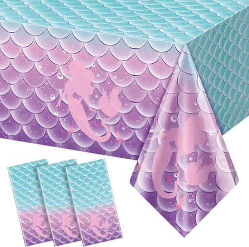 Vista 12 de 1 mantel de decoración de fiesta de cumpleaños de sirena, funda de mesa de plástico desechable para princesa bajo el mar, suministros de fiesta