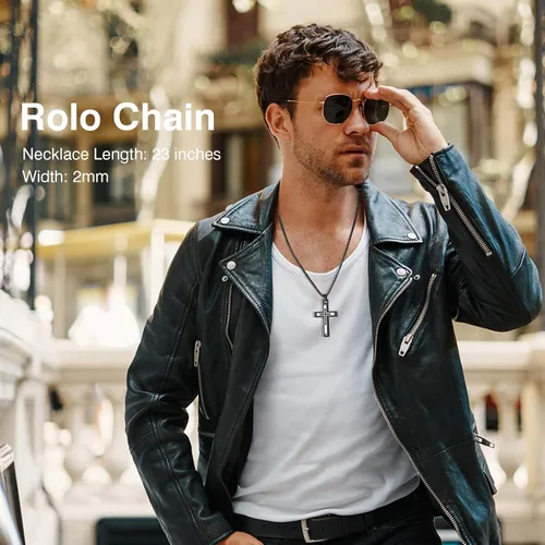 Vista 2 de PAITAIN Collar de cruz para hombres, regalos de cumpleaños para papá, joyería para hombres, papá, chapado en oro blanco, acero de titanio, cruz