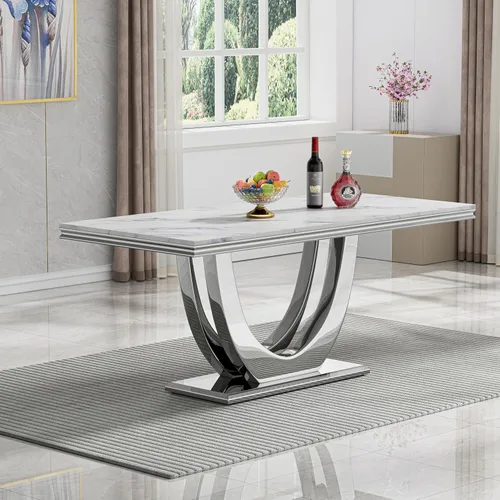 Vista 8 de Mesa de comedor blanca de 68 pulgadas para 4-6, mesa de cocina rectangular moderna con mesa de mármol sintético y base de acero inoxidable plateado