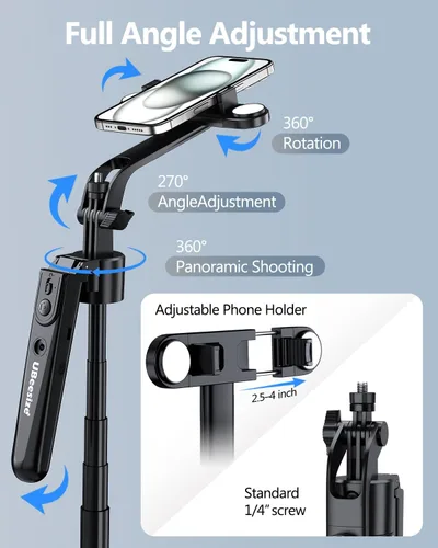 Vista 4 de UBeesize Trípode de seguimiento facial automático de 70 pulgadas, rotación de 360° con soporte, trípode para teléfono con luz de relleno, palo