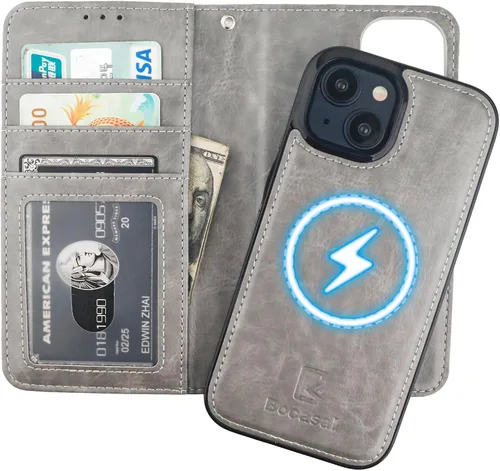 Vista 19 de Bocasal Funda tipo cartera desmontable para iPhone 15 con bloqueo RFID, ranuras para tarjetas, soporte de cuero PU premium, soporte magnético tipo
