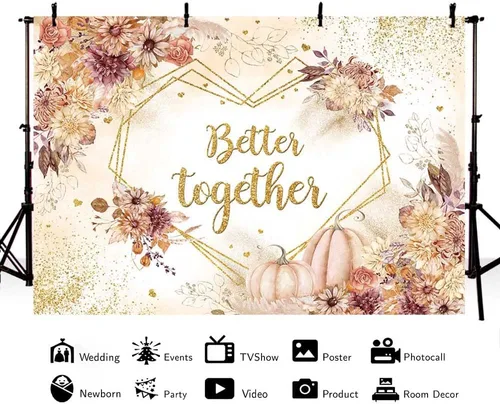 Vista 3 de MEHOFOND Fondo de boda de otoño de 7 x 5 pies, diseño de calabaza, bohemio, floral, para fotografía de boda, corazón, geométrico, puntos dorados