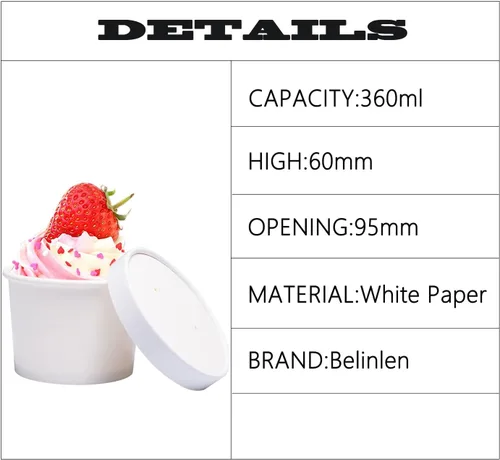 Vista 2 de Juego de 50 tazas desechables de helado blanco de 12 onzas con tapa, tazas de papel para llevar, taza de papel para llevar, recipiente de comida