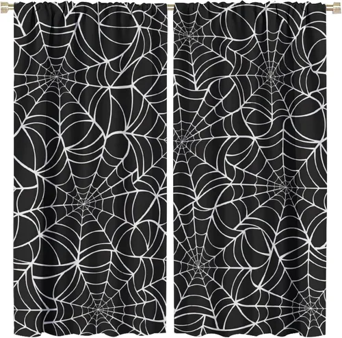 Vista 26 de Cortinas opacas de tela de araña aterradora para niños, tela de araña en blanco y negro, fondo rojo, dormitorio de niños, guardería, decoración