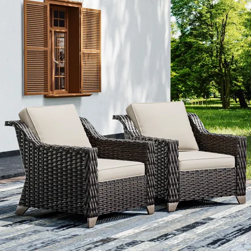 Vista 34 de Joyside Juego de 2 sillas de mimbre para patio, muebles de ratán para exteriores con reposabrazos anchos y cojines gruesos, tamaño grande mejorado