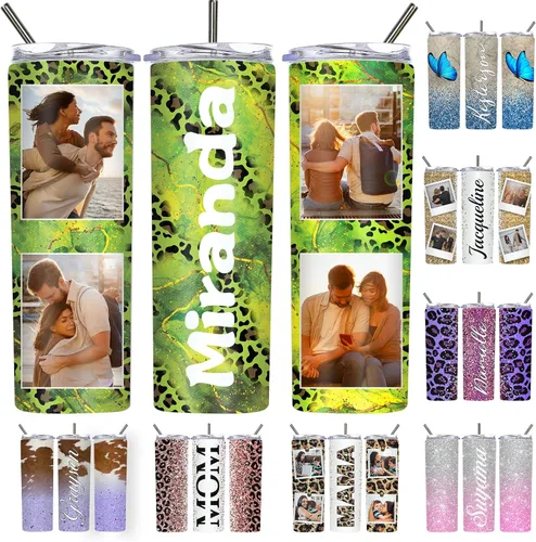 Vista 38 de Vaso delgado personalizado con purpurina con tapas y popotes, nombres, vasos de acero inoxidable personalizados con imagen para mujeres, hombres