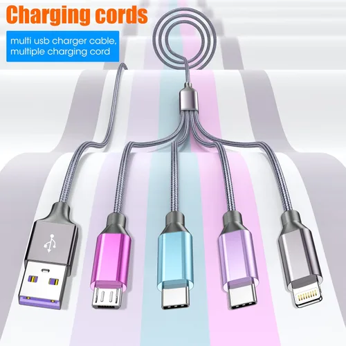 Vista 5 de Doub Tyep-C 4 en 1 cable de carga múltiple de 4 pies, cable de carga de nailon trenzado Lightning para iPhone, cable de carga universal con tipo C