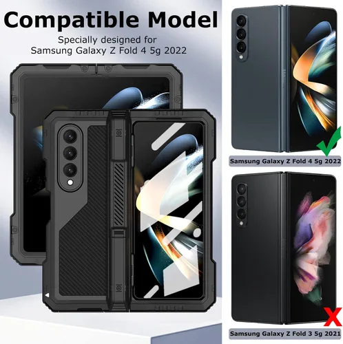 Vista 2 de Funda de metal para Samsung Galaxy Z Fold 4 con soporte para bolígrafo S, funda militar resistente Z Fold4 con protector de pantalla integrado, Negro