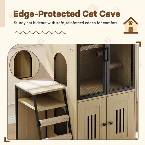 Vista 4 de Caja de arena para gatos para 2 gatos y puertas, casa doble para gatos con espacio de almacenamiento, casa de juegos para gatos con hamaca y puerta