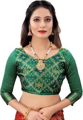 Vista 4 de Indian Hawker Banarasi Bandhani - Sari tejido de mezcla de seda de algodón para mujer con blusa sin costuras