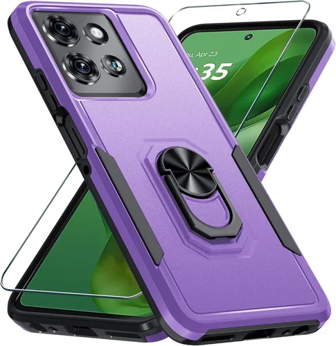 Vista 23 de Funda diseñada para Motorola Moto G 5G 2024 con soporte de anillo de metal integrado Protector de pantalla de vidrio templado, funda resistente