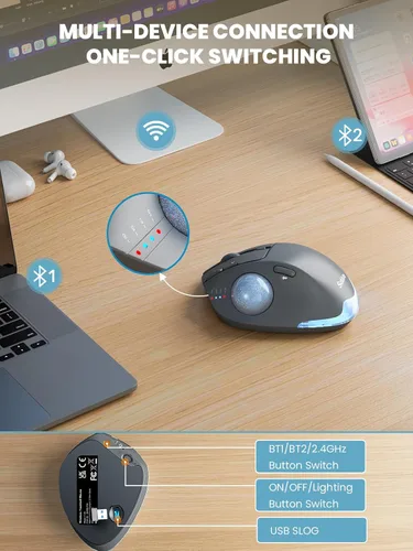Vista 3 de Ratón de Trackball inalámbrico, ángulo ajustable recargable, mouse gris retroiluminado Ratón ergonómico MAM1 Pro con punta redonda con 5 niveles