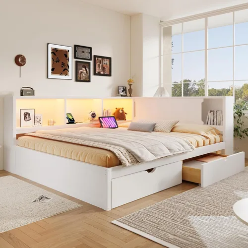 Vista 32 de VilroCaz Cama de sofá de tamaño individual de madera con estantes de almacenamiento y escritorio de estudio, estructura de cama de día Blanco
