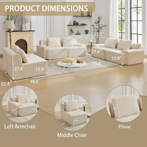 Vista 39 de Sofá modular modular con otomana móvil, sofá de asiento profundo con almohadas, cómodo sofá modular de nube para sala de estar, dormitorio y Blanco