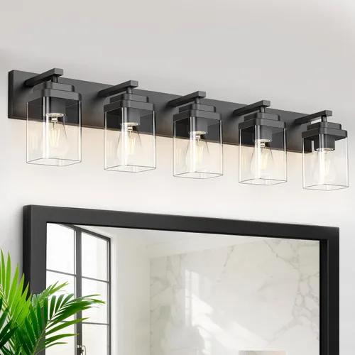 Vista 14 de Lámparas de baño de oro cepillado, 4 luces de baño sobre el espejo, diseño cuadrado y placa trasera grande rectangular, accesorios de iluminación