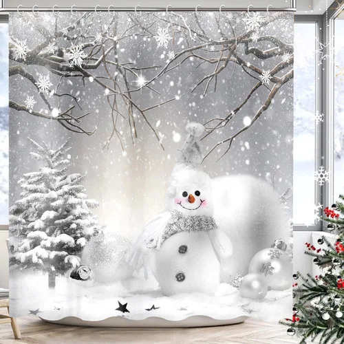 Vista 14 de Cortina de ducha de granja de Navidad para baño, decoración del hogar de árbol de Navidad de invierno, cortinas de baño de madera de puerta
