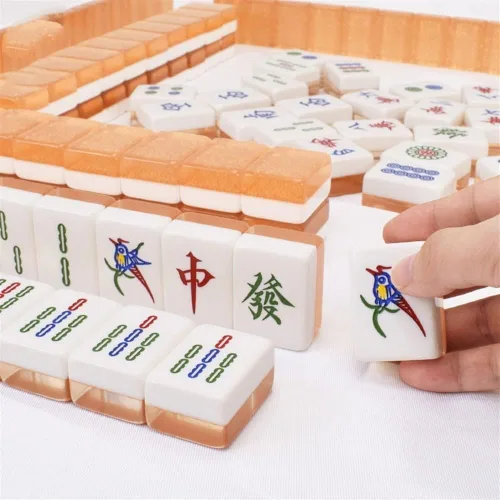 Vista 2 de Juego de mahjong chino, juego de mahjong chino tradicional, 144 azulejos, 2 fichas de repuesto, estuche de madera, juego de Majhong portátil