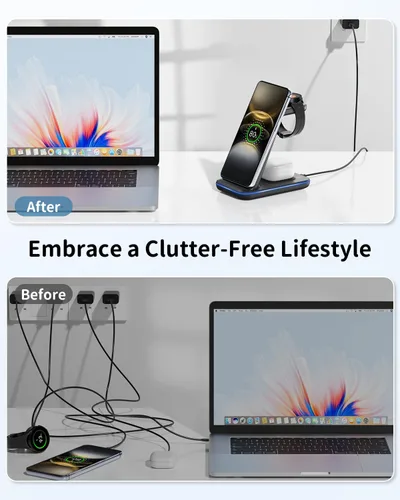 Vista 3 de Cargador inalámbrico para Samsung y Android: estación de carga JoyGeek 3 en 1 para S26/S25/S24/S23/S22/S21/S20/Note20/Z Fold&Flip, Galaxy