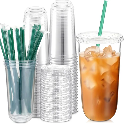 Vista 15 de Baderke Juego de 25 vasos de plástico con tapas y pajitas, tazas de plástico desechables para café helado, jugo, batido, cristal para cafeterías