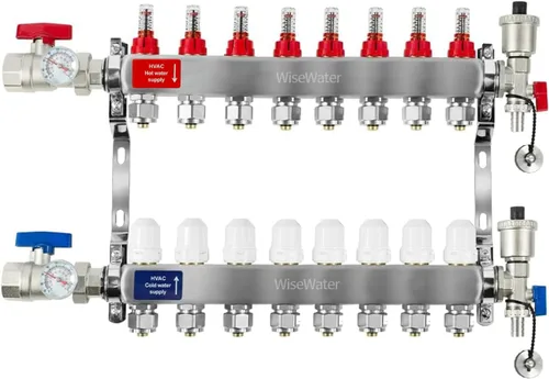 Vista 14 de AB Colector PEX de 2 bucles/radiante, salidas compatibles de 1/2 pulgada, válvula de flujo de hasta 1.4 GPM para calefacción radiante hidrónica
